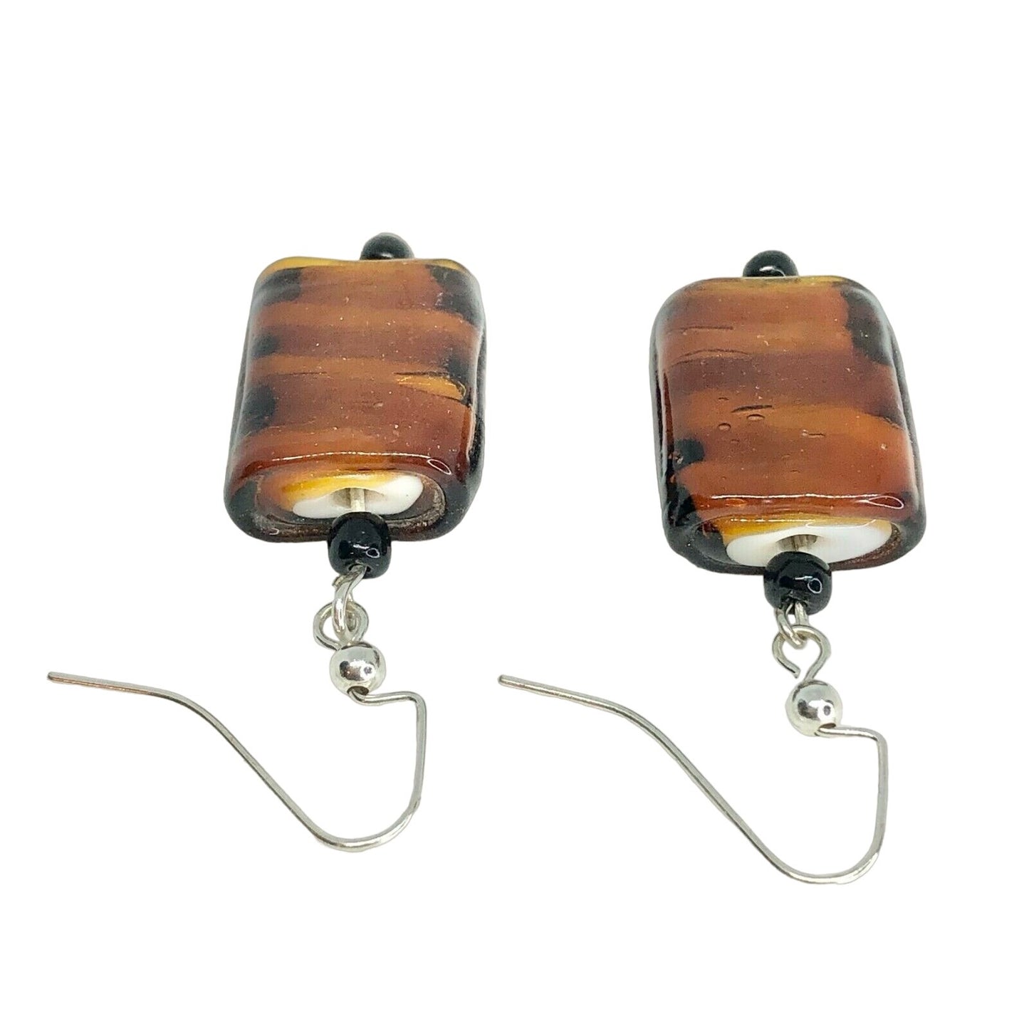 Handcrafted Beaded Earrings Brown & Black Glass Beads Silver Hooks Jewelry NEW