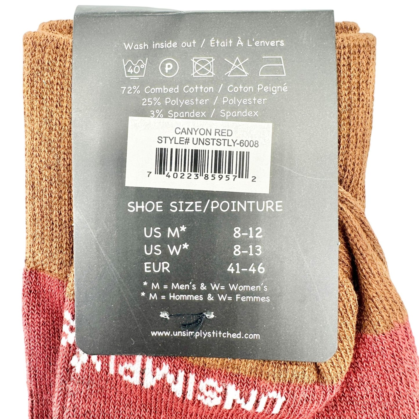 Unsimply Stitched Socks Mens US Size 8-12 Canyon Red Socks Brown Heel and Toe