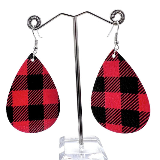 Earrings Pierced Drop Teardrop Red Black Buffalo Plaid Faux Leather NEW