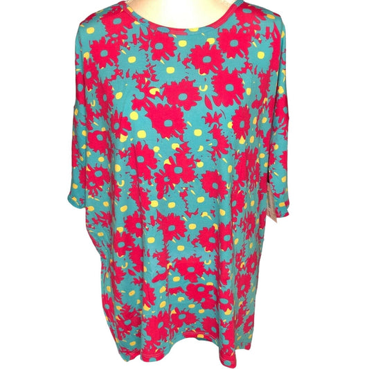 LuLaRoe RETIRED Irma Women's Large Teal & Pink Flowers mid-length sleeves NWT