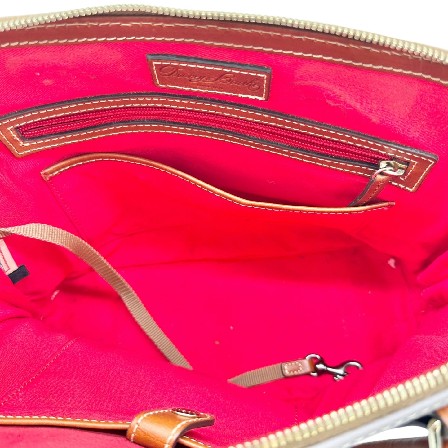 Dooney and Bourke Pebbled Leather Satchel Tan Trim Red Inside Handles Opt Strap