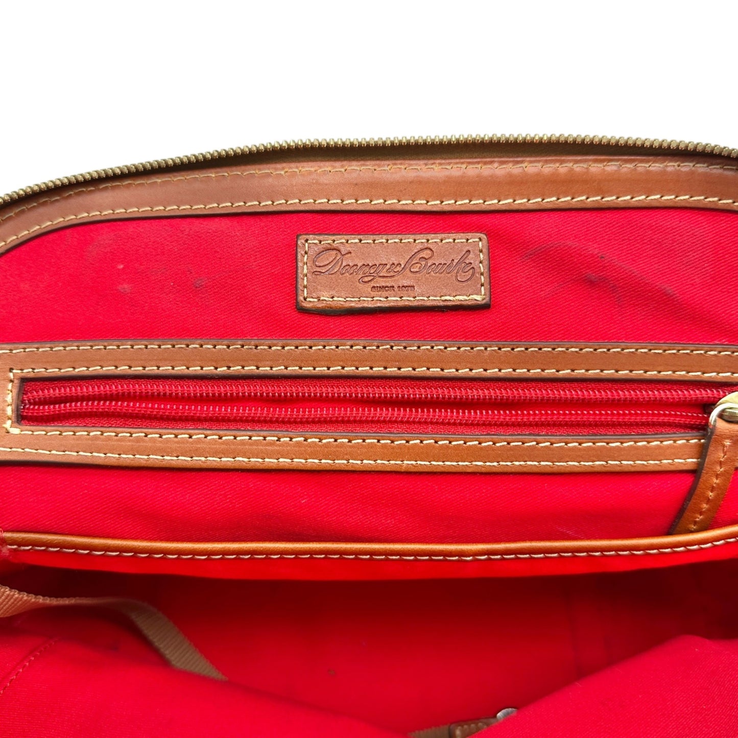 Dooney and Bourke Pebbled Leather Satchel Tan Trim Red Inside Handles Opt Strap