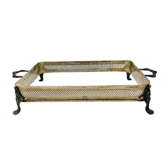 Vintage Silver Plate Rectangle Casserole Holder With Ornate Handles Floral Feet