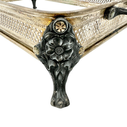 Vintage Silver Plate Rectangle Casserole Holder With Ornate Handles Floral Feet