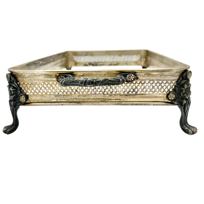 Vintage Silver Plate Rectangle Casserole Holder With Ornate Handles Floral Feet