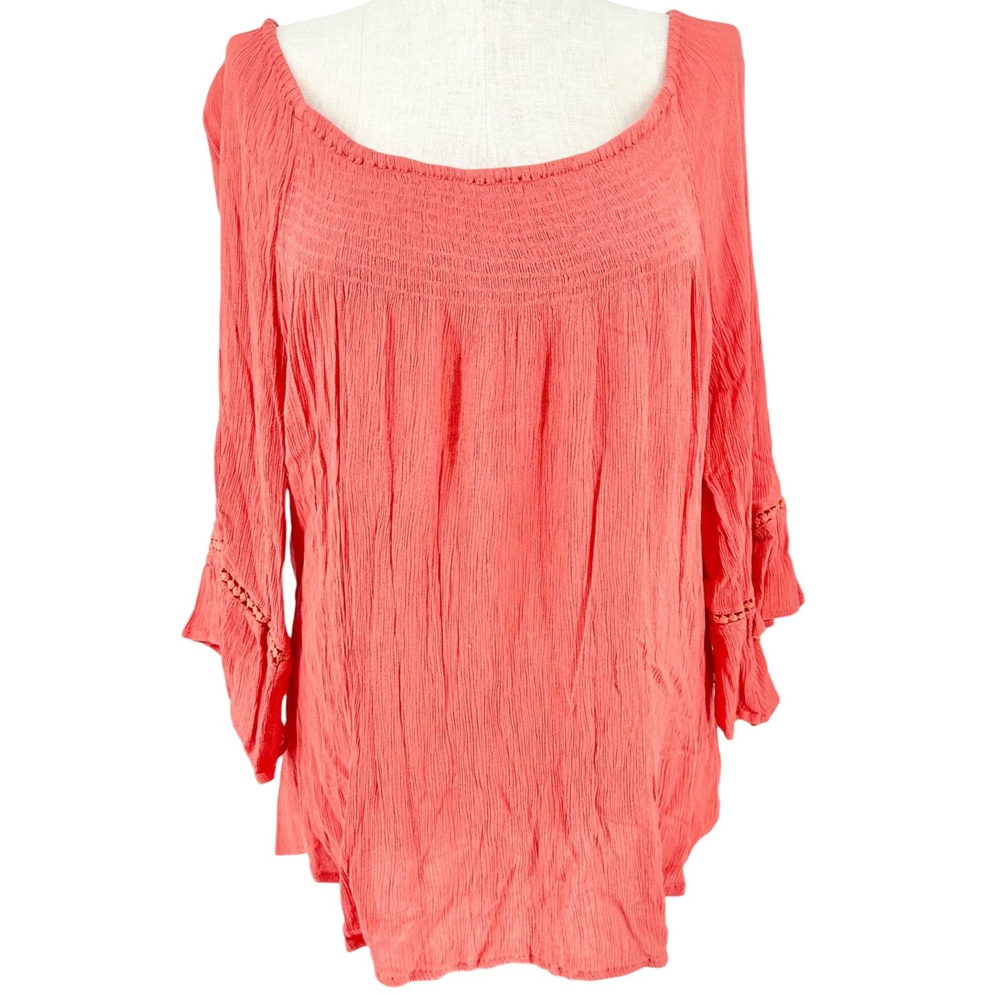 Westport Peasant Top Womens 2X Coral Crinkle Ruched Rayon with 3/4 Sleeves