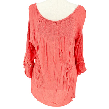 Westport Peasant Top Womens 2X Coral Crinkle Ruched Rayon with 3/4 Sleeves