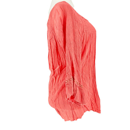 Westport Peasant Top Womens 2X Coral Crinkle Ruched Rayon with 3/4 Sleeves