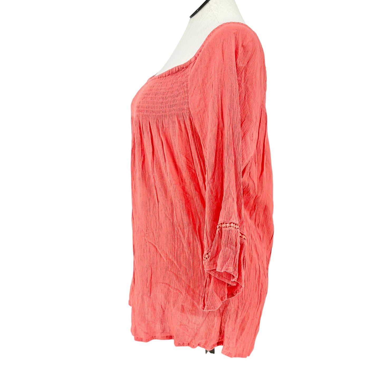 Westport Peasant Top Womens 2X Coral Crinkle Ruched Rayon with 3/4 Sleeves