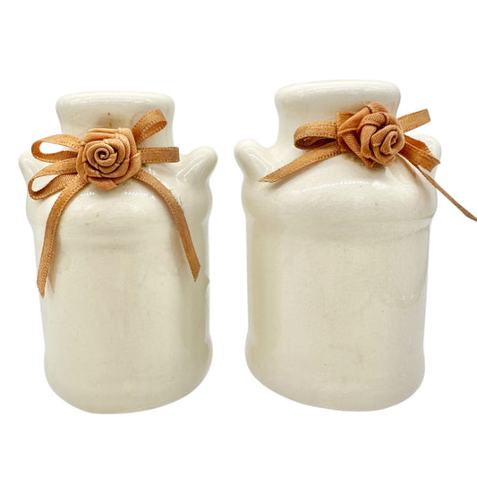 Vintage Ceramic Salt and Pepper Shakers Ribbon Rose Design Creamy Glaze Finish