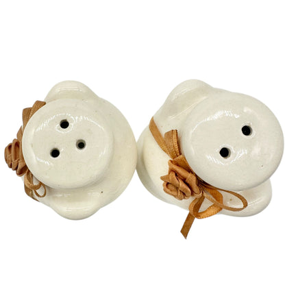 Vintage Ceramic Salt and Pepper Shakers Ribbon Rose Design Creamy Glaze Finish