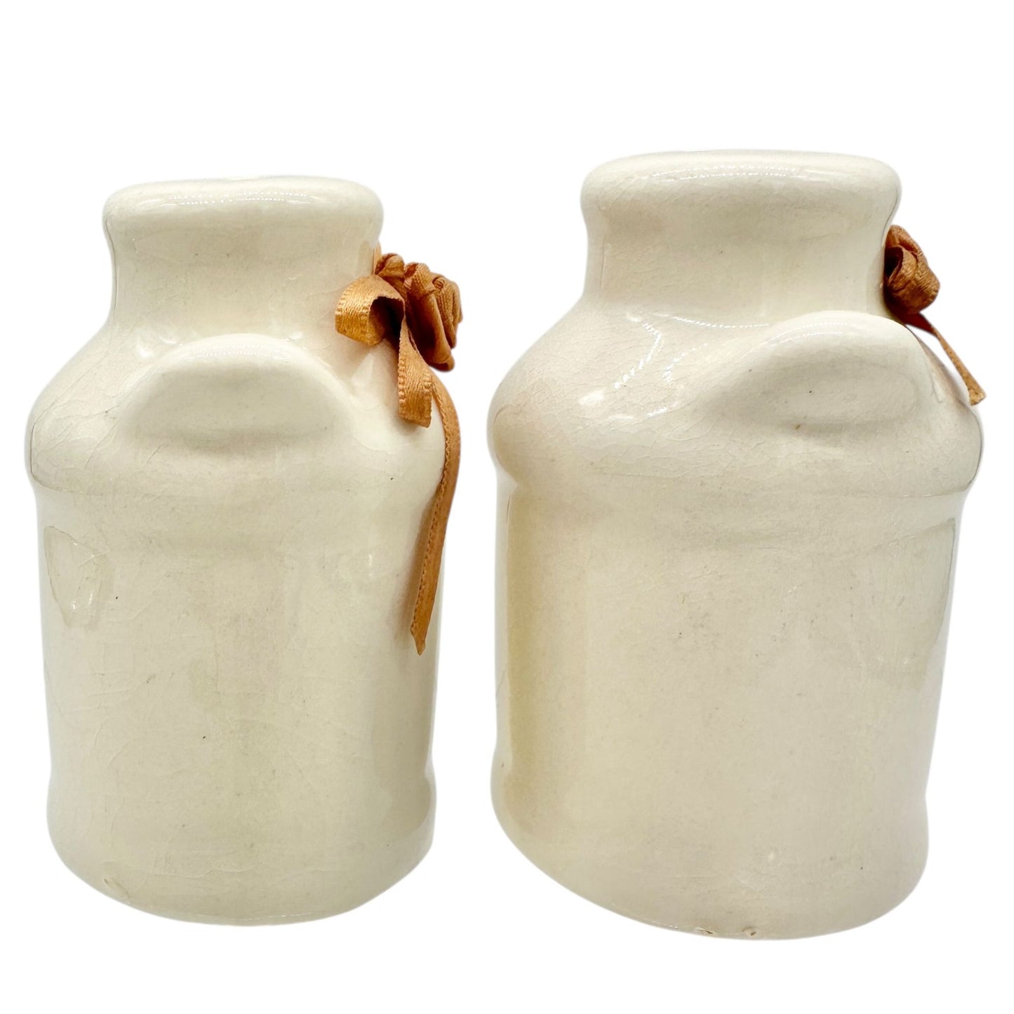 Vintage Ceramic Salt and Pepper Shakers Ribbon Rose Design Creamy Glaze Finish