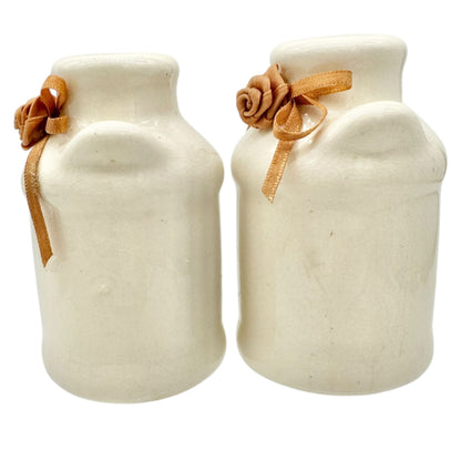 Vintage Ceramic Salt and Pepper Shakers Ribbon Rose Design Creamy Glaze Finish