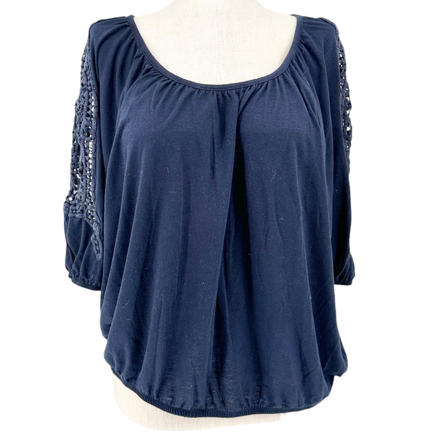 Lane Bryant Blouse Womens 18/20 Navy Crochet 3/4 Sleeve Lightweight Poly Rayon
