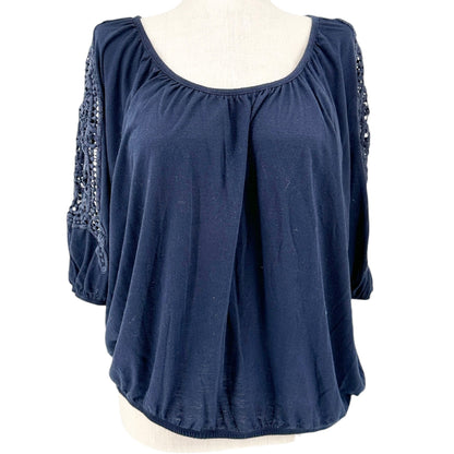Lane Bryant Blouse Womens 18/20 Navy Crochet 3/4 Sleeve Lightweight Poly Rayon