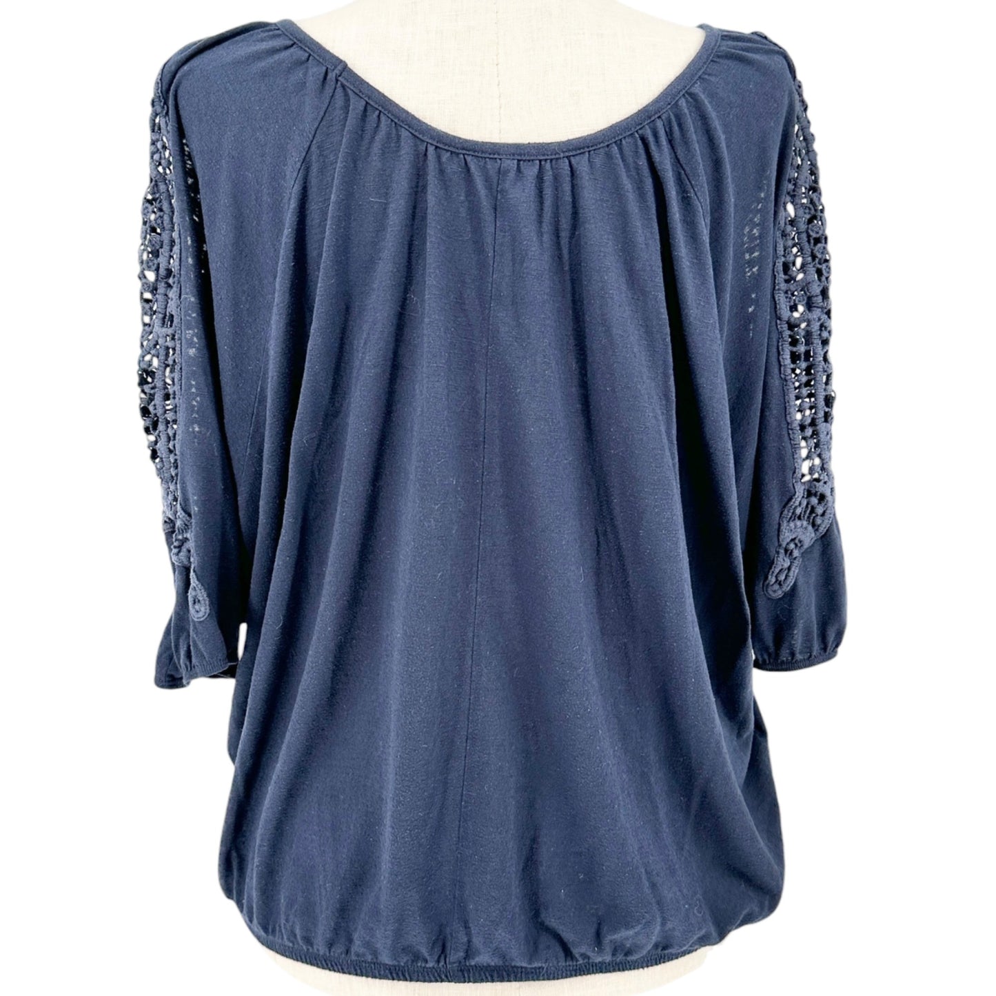 Lane Bryant Blouse Womens 18/20 Navy Crochet 3/4 Sleeve Lightweight Poly Rayon