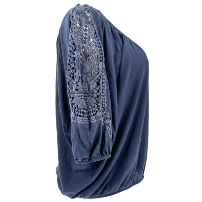 Lane Bryant Blouse Womens 18/20 Navy Crochet 3/4 Sleeve Lightweight Poly Rayon