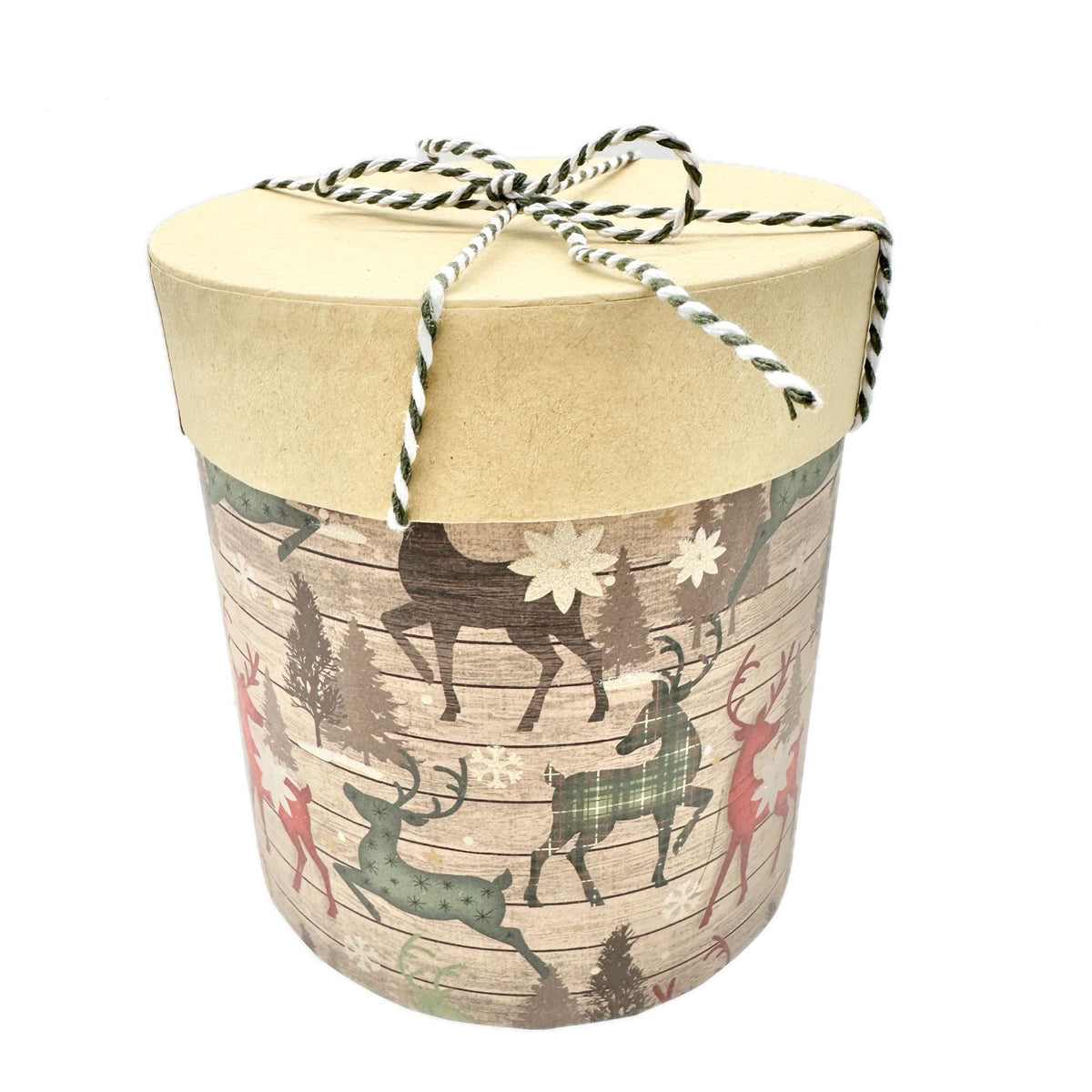 Round Holiday Gift Box With Reindeer Print & Twine Bow Lid 5x4 Inches