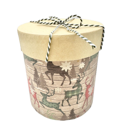 Round Holiday Gift Box With Reindeer Print & Twine Bow Lid 5x4 Inches
