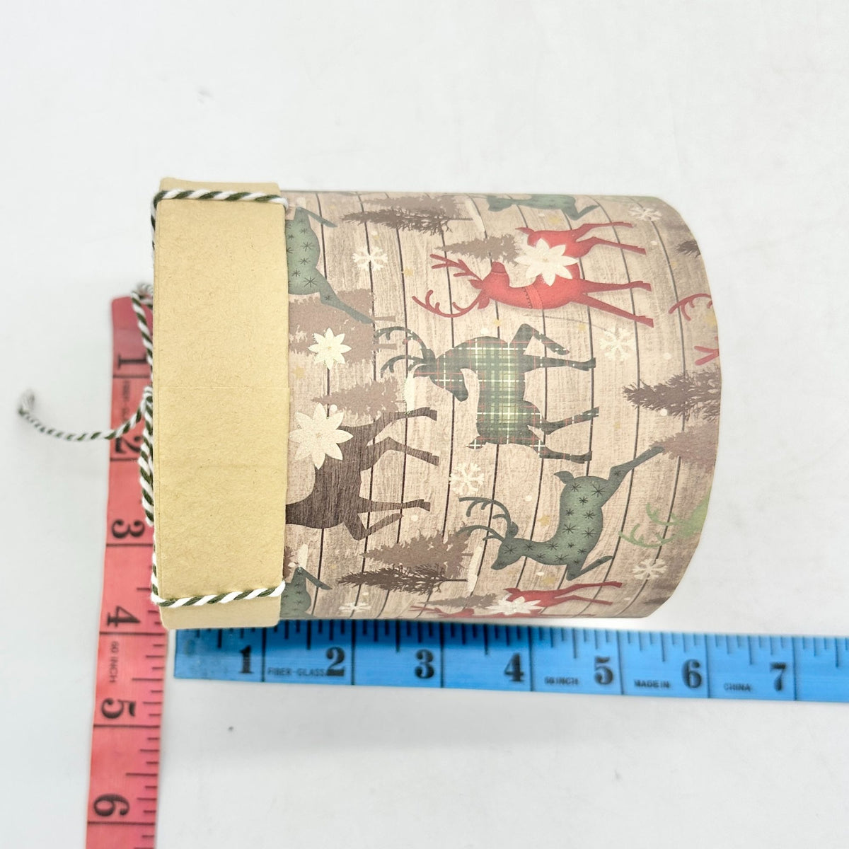 Round Holiday Gift Box With Reindeer Print & Twine Bow Lid 5x4 Inches
