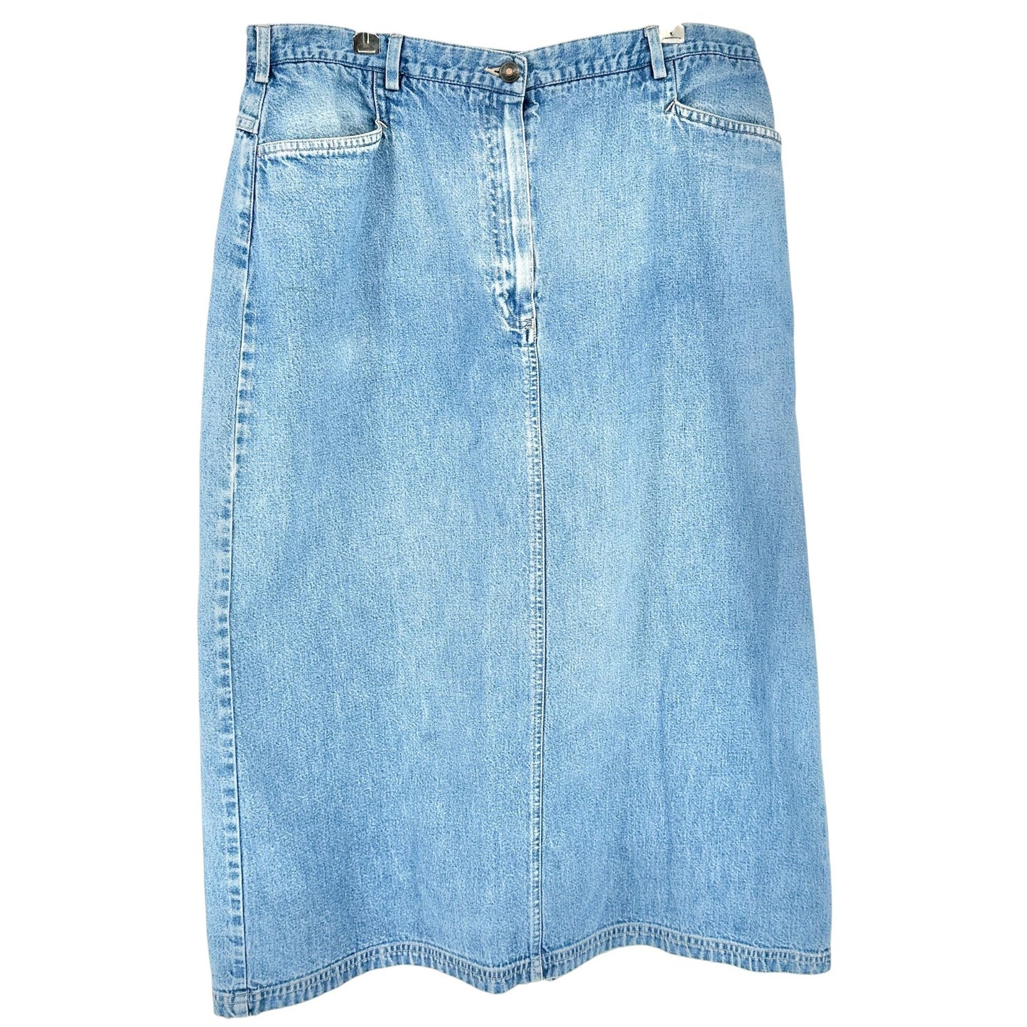 Lands End Womens Denim Midi Skirt Size 18 Light Wash Cotton Pockets Front Zip