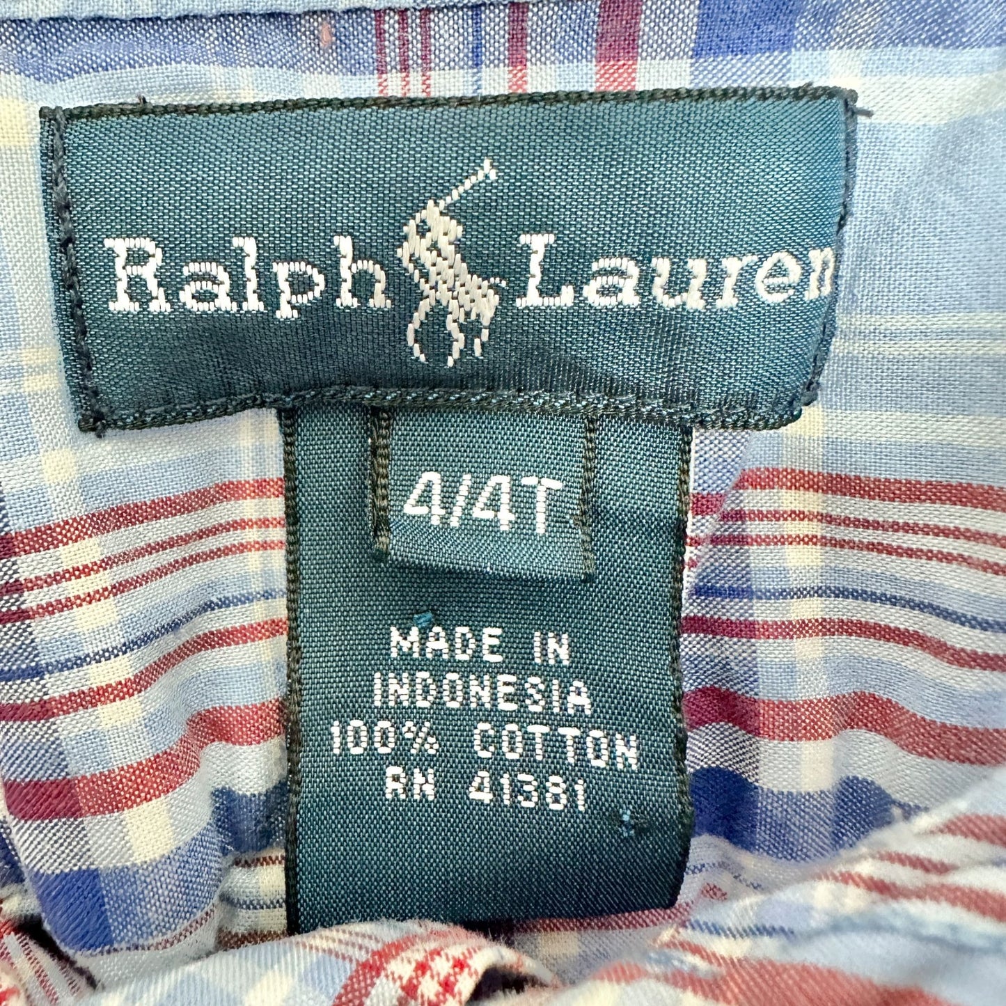 Ralph Lauren Shirt Kids 4T Plaid Button-Down Shirt Light Blue Red Cotton