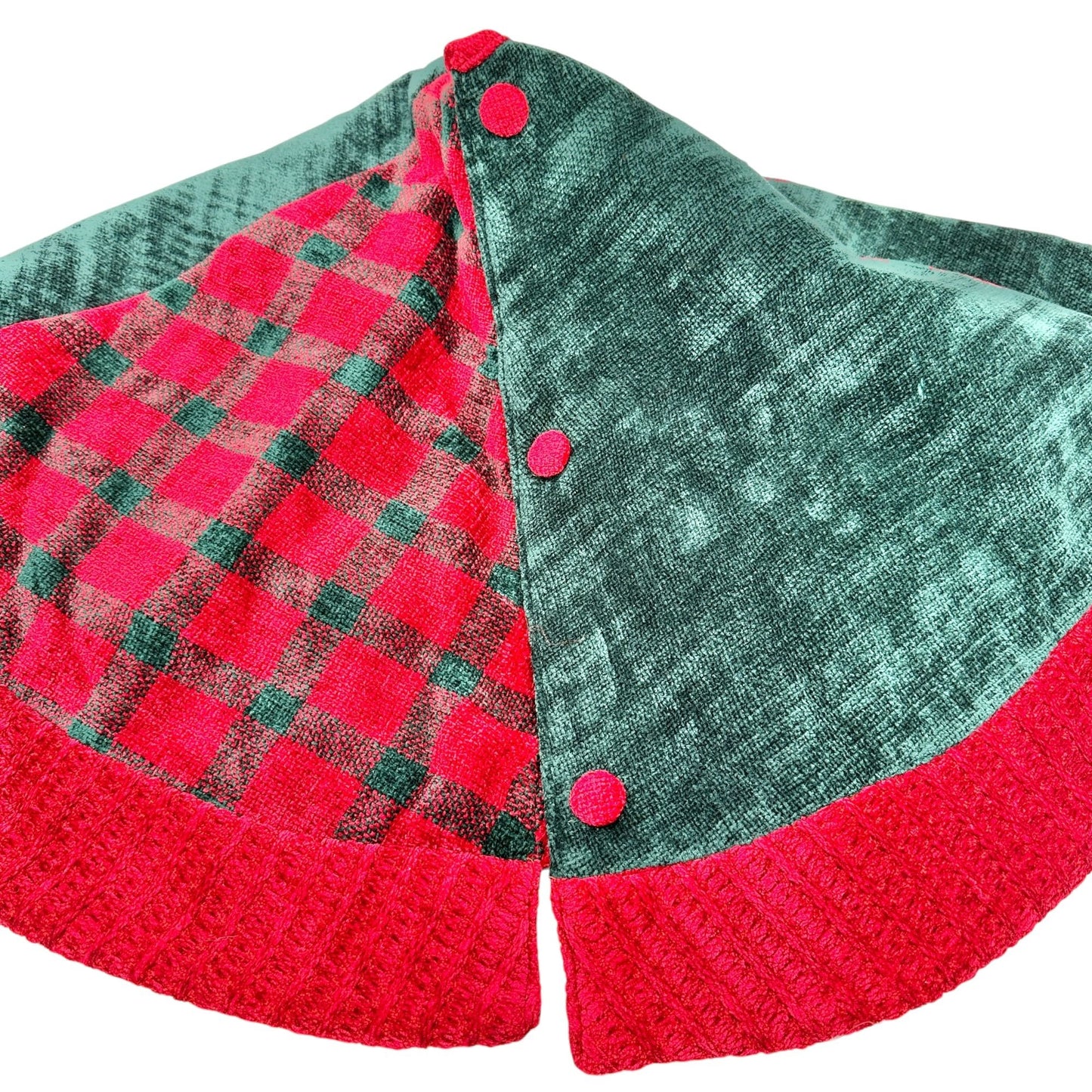 Christmas Tree Skirt Patchwork Design Red & Green Plaid Chenille Quilted Backing