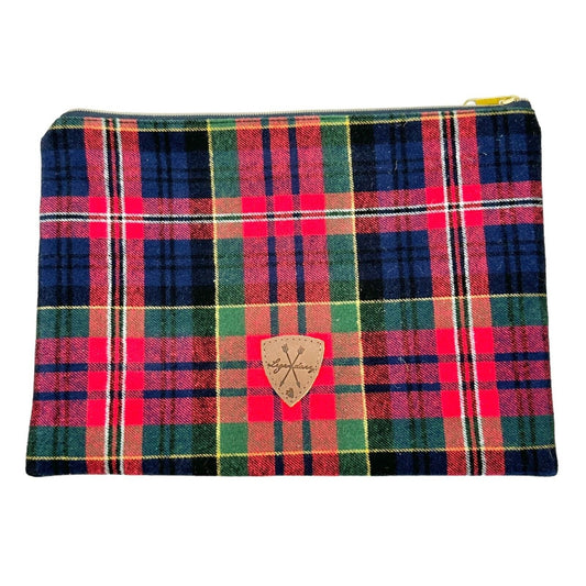 Legendary Pouch 13 x 9 Red Blue Green Plaid Black Interior Gold Hardware Zip