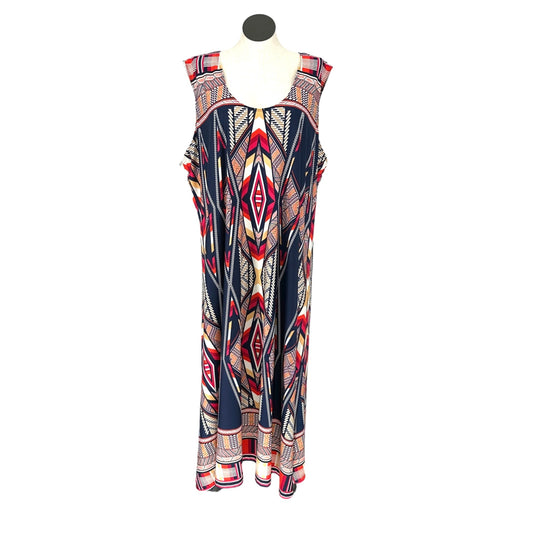 Denim 24/7 Maxi Dress Womens 3X Sleeveless Navy w/ Multicolor Geometric Pattern