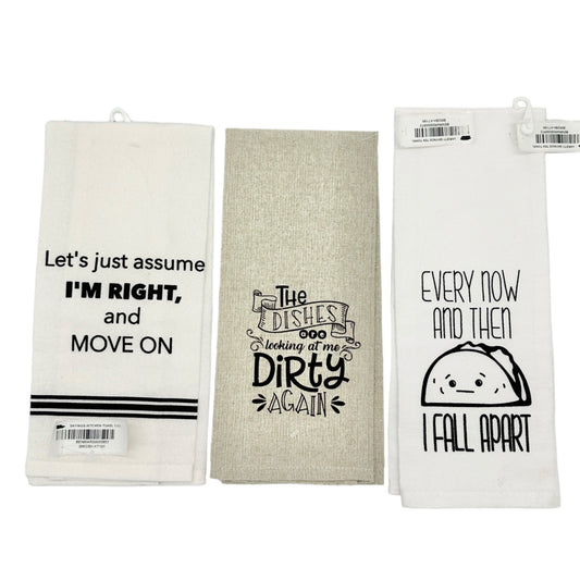 Set of 3 Dish Towels 25 x 15 White Tan Various Sayings Humorous NWT