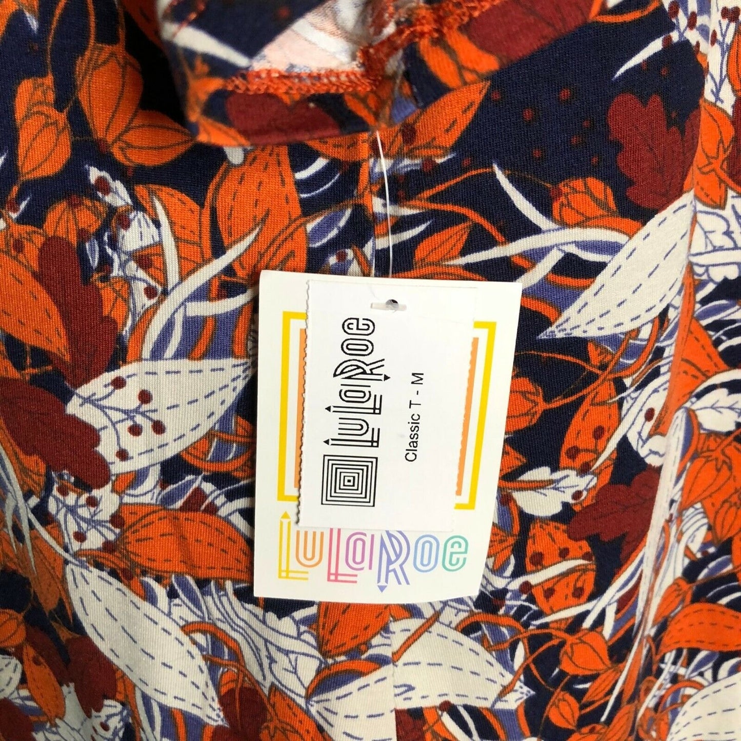 LuLaRoe Classic T Women's Medium Top Orange White Red Leaves Navy Blue NWT