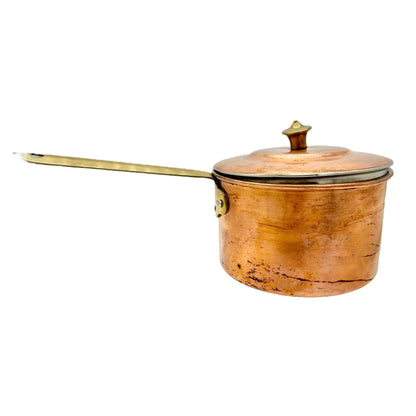 Vintage Solid Copper Saucepan and Lid Brass Handle 5 Inch Dia Rustic Cookware