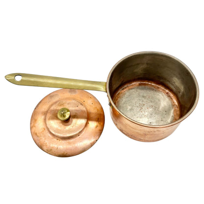 Vintage Solid Copper Saucepan and Lid Brass Handle 5 Inch Dia Rustic Cookware