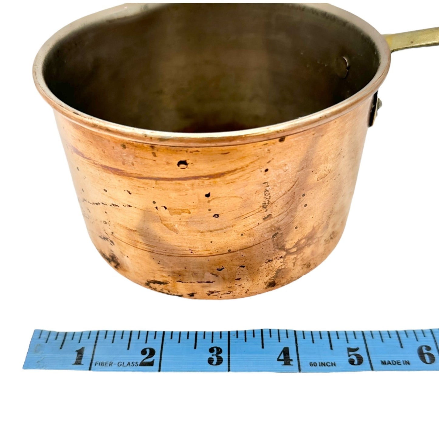 Vintage Solid Copper Saucepan and Lid Brass Handle 5 Inch Dia Rustic Cookware