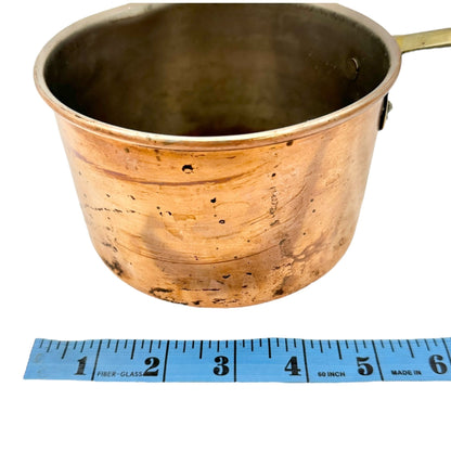 Vintage Solid Copper Saucepan and Lid Brass Handle 5 Inch Dia Rustic Cookware
