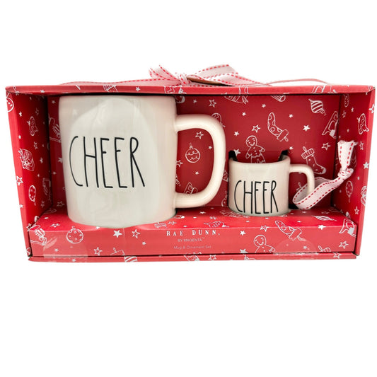 Rae Dunn CHEER Mug and Ornament Set In Festive Holiday Gift Box with Gift Tag