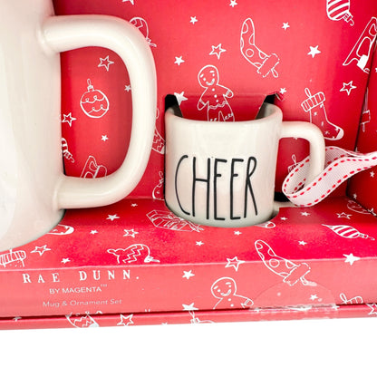 Rae Dunn CHEER Mug and Ornament Set In Festive Holiday Gift Box with Gift Tag