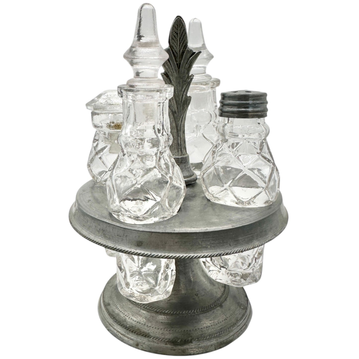 Antique Castor Cruet Set Childrens Tableware with 4 Ornate Glass Bottles & Stand