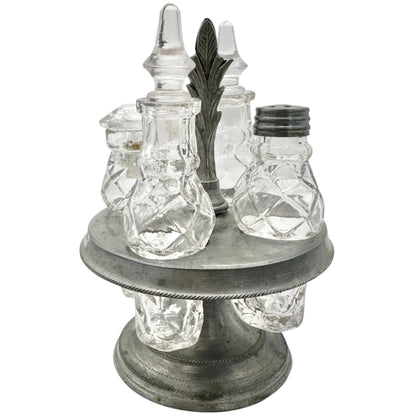 Antique Castor Cruet Set Childrens Tableware with 4 Ornate Glass Bottles & Stand