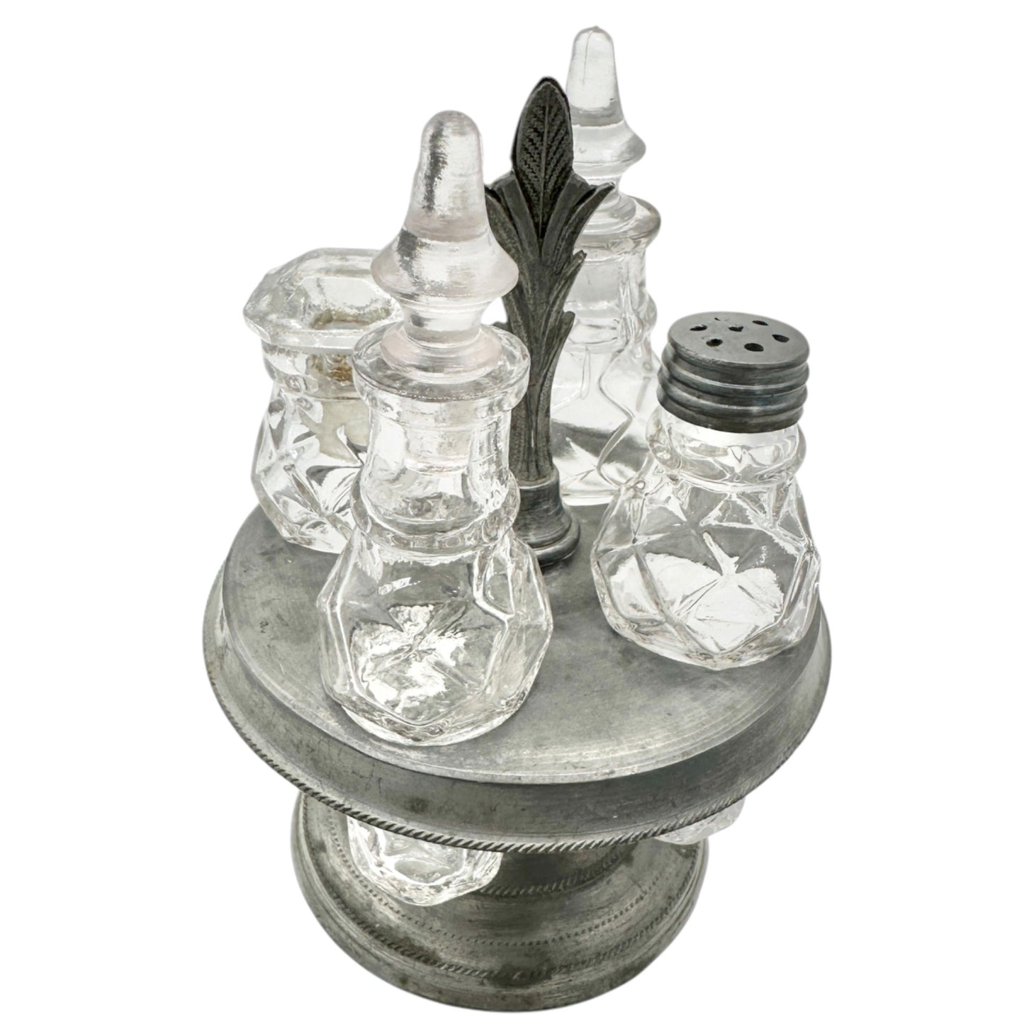 Antique Castor Cruet Set Childrens Tableware with 4 Ornate Glass Bottles & Stand