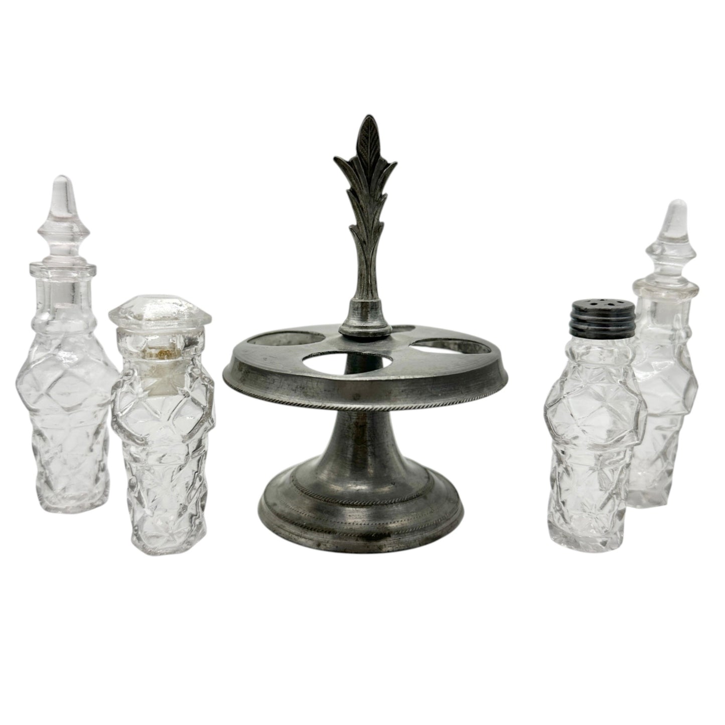 Antique Castor Cruet Set Childrens Tableware with 4 Ornate Glass Bottles & Stand