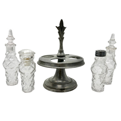 Antique Castor Cruet Set Childrens Tableware with 4 Ornate Glass Bottles & Stand