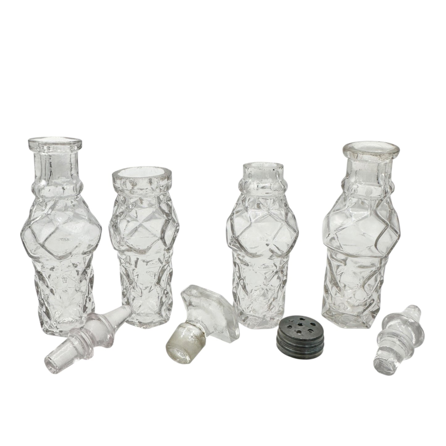 Antique Castor Cruet Set Childrens Tableware with 4 Ornate Glass Bottles & Stand