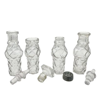Antique Castor Cruet Set Childrens Tableware with 4 Ornate Glass Bottles & Stand