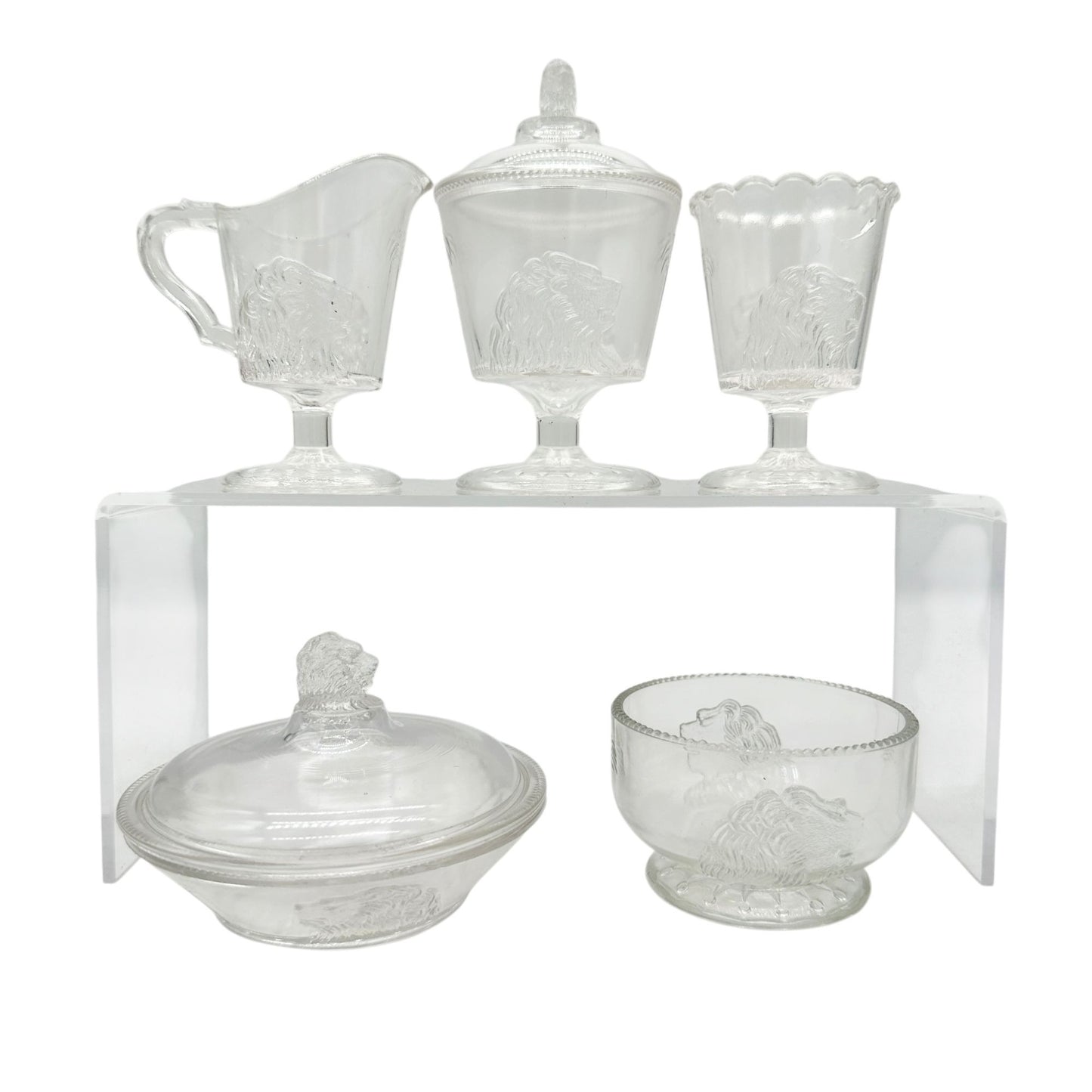 Lion 5 pc Childrens Table Set Glass Gillinder Sons 1876 Philadelphia Centennial
