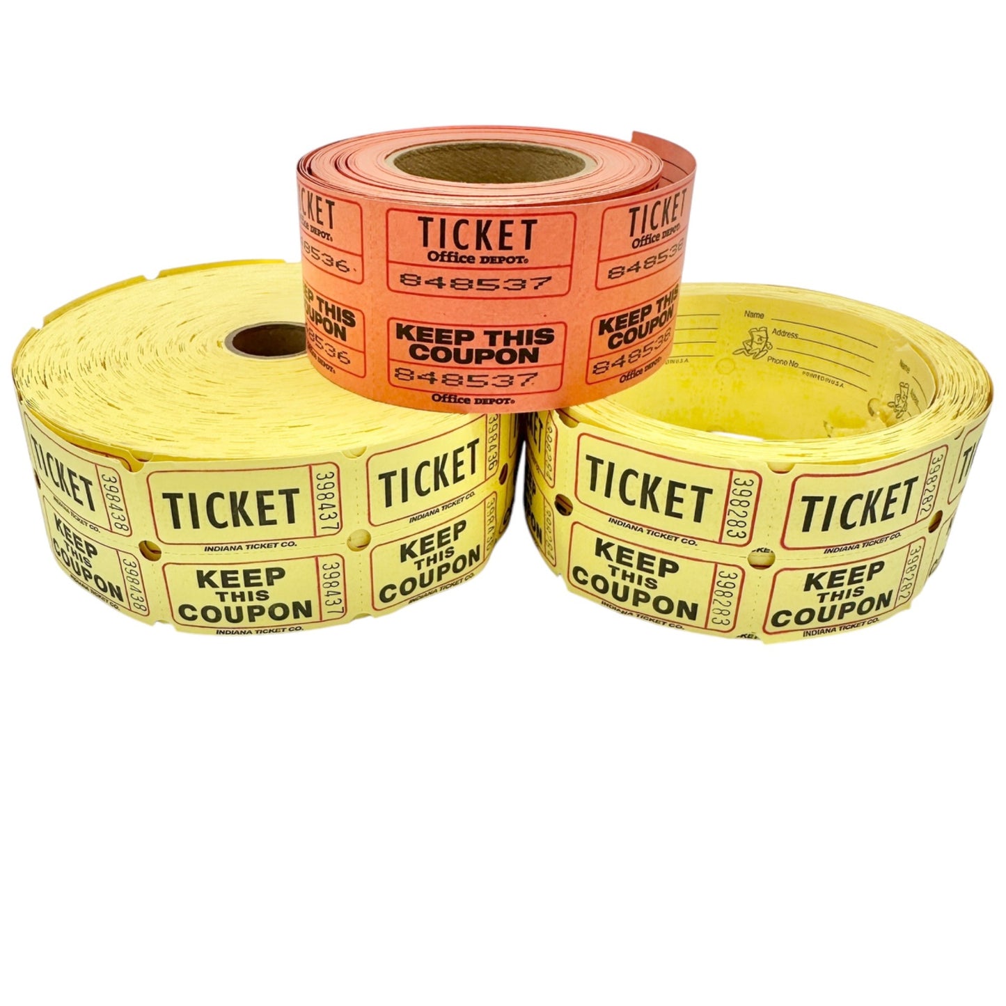 3 Rolls Of Office Depot Raffle Tickets Keep This Coupon 2 Yellow & 1 Orange