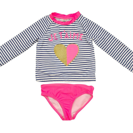 OshKosh B'gosh 3T 2pc Swimsuit LS Top Blue White JE T'AIME Heart Pink Bottoms