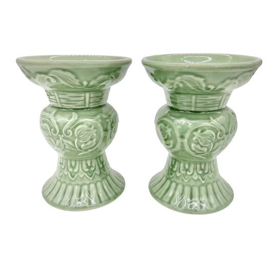 Pair of Chopsticks Andrea by Sadek Candleholders Mint Green Ceramic Pillar Taper