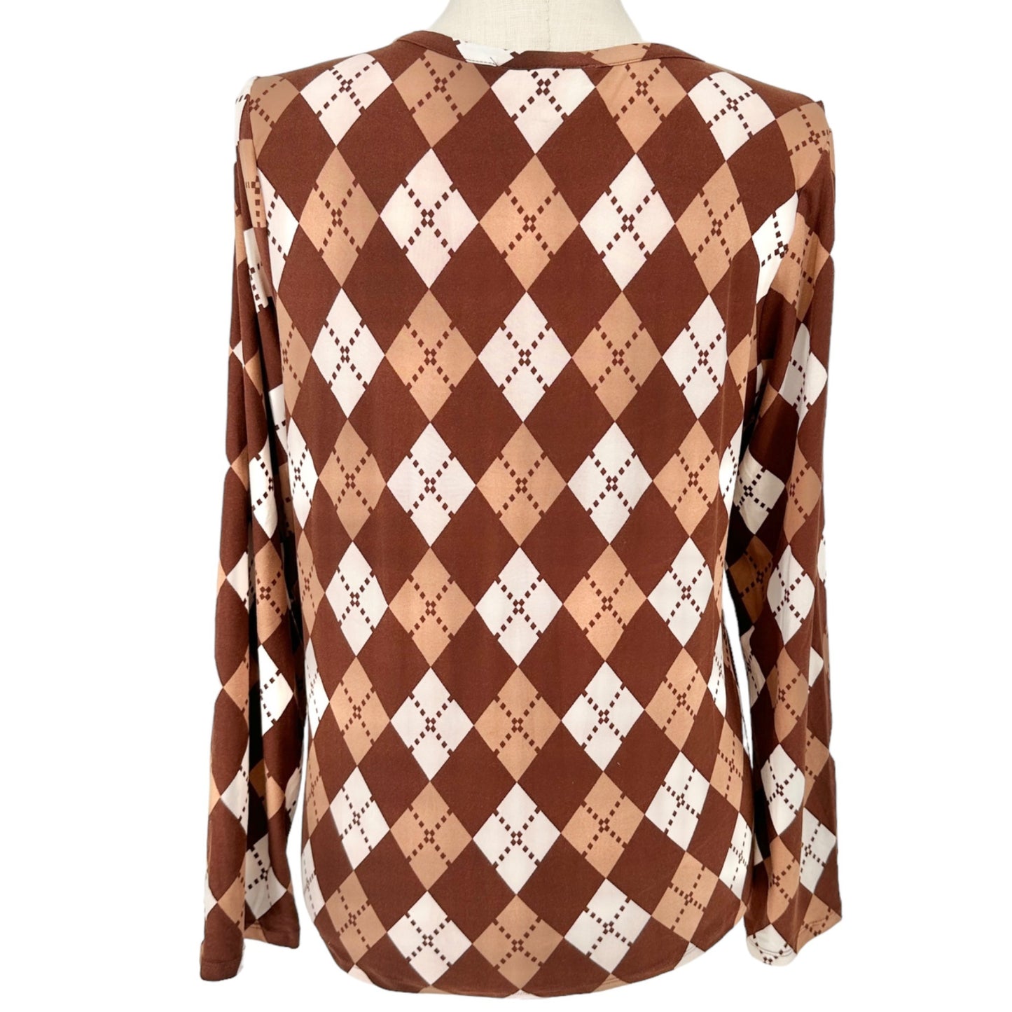 Inner Circle Blouse Womens XL Brown Argyle Print Soft Stretchy Long Sleeves