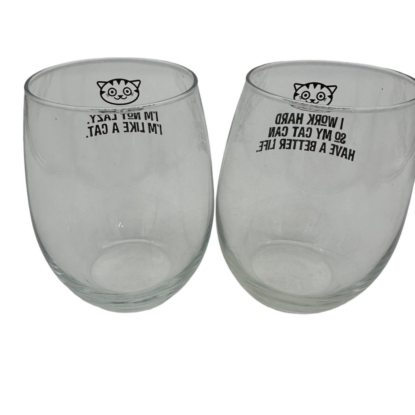 Pair of Wine Glasses Cat Themed Stemless Clear Glass 16oz Capacity